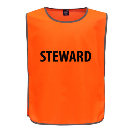 Flo orange polyester tabard with reflective trim, printed "Steward" on both sides.\\n\\n09/12/2022 11:42